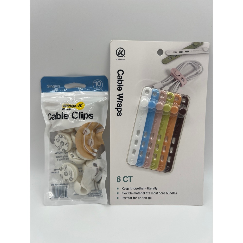 U Brands Cable Wraps 6ct & Wrap-It Storage Cable Clips 10ct Organizer Set